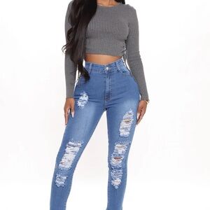 Fashion Nova Blue Distressed Skinny Jeans